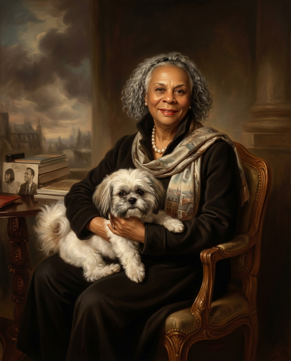 Portrait of Carol Nash, author of Train Up a Child, seated with a dog