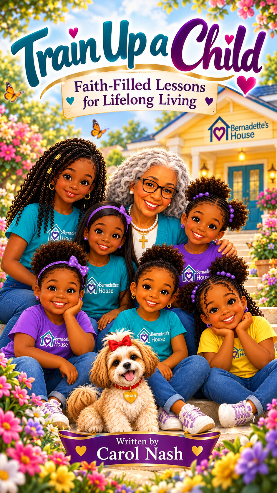 Mommuski, girls, and Blessing gathered at Bernadette’s House in the Train Up a Child story world
